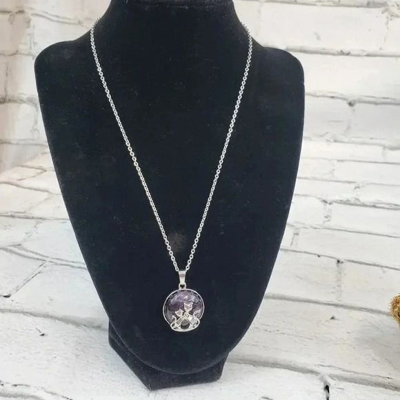 Amethyst Mother and Baby Cat Necklace with Natural Stone Center Stainless Steel - Picture 8 of 9